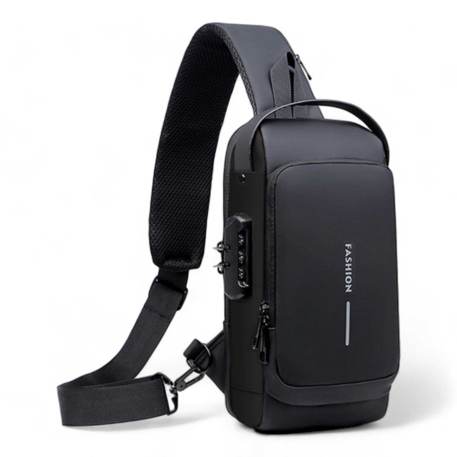 Pechera Cruzada de Seguridad * Negra Antirrobo * Reforzada + USB + Candado de combinación