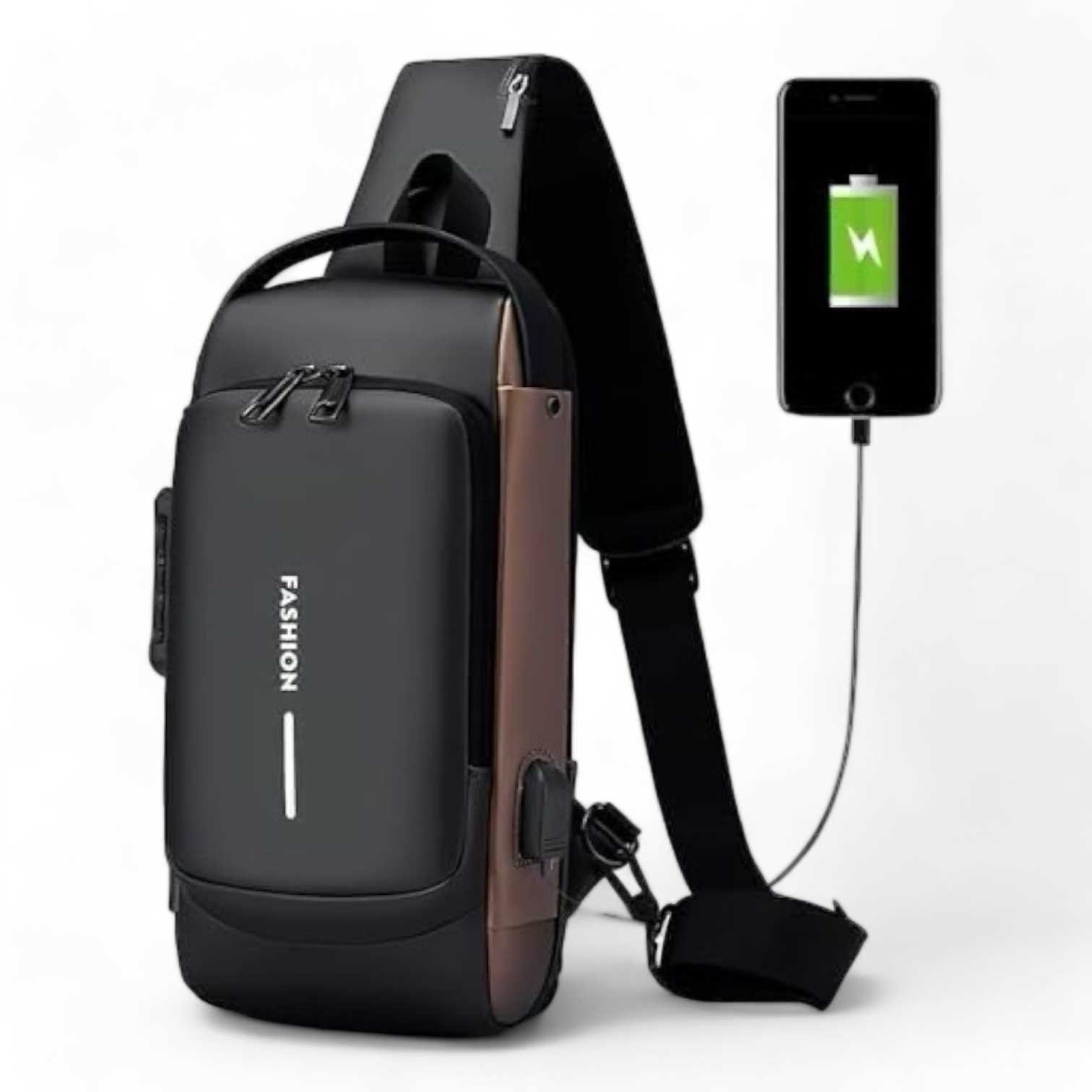 Pechera Cruzada de Seguridad * Negro Combinado Antirrobo * Reforzada + USB + Candado de combinación