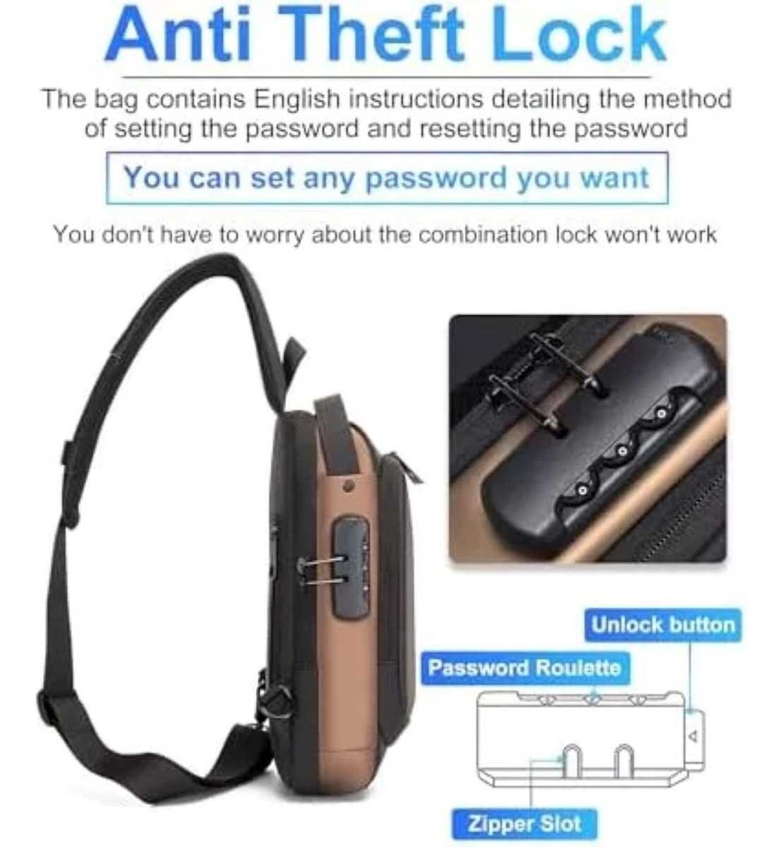 Pechera Cruzada de Seguridad * Negro Combinado Antirrobo * Reforzada + USB + Candado de combinación