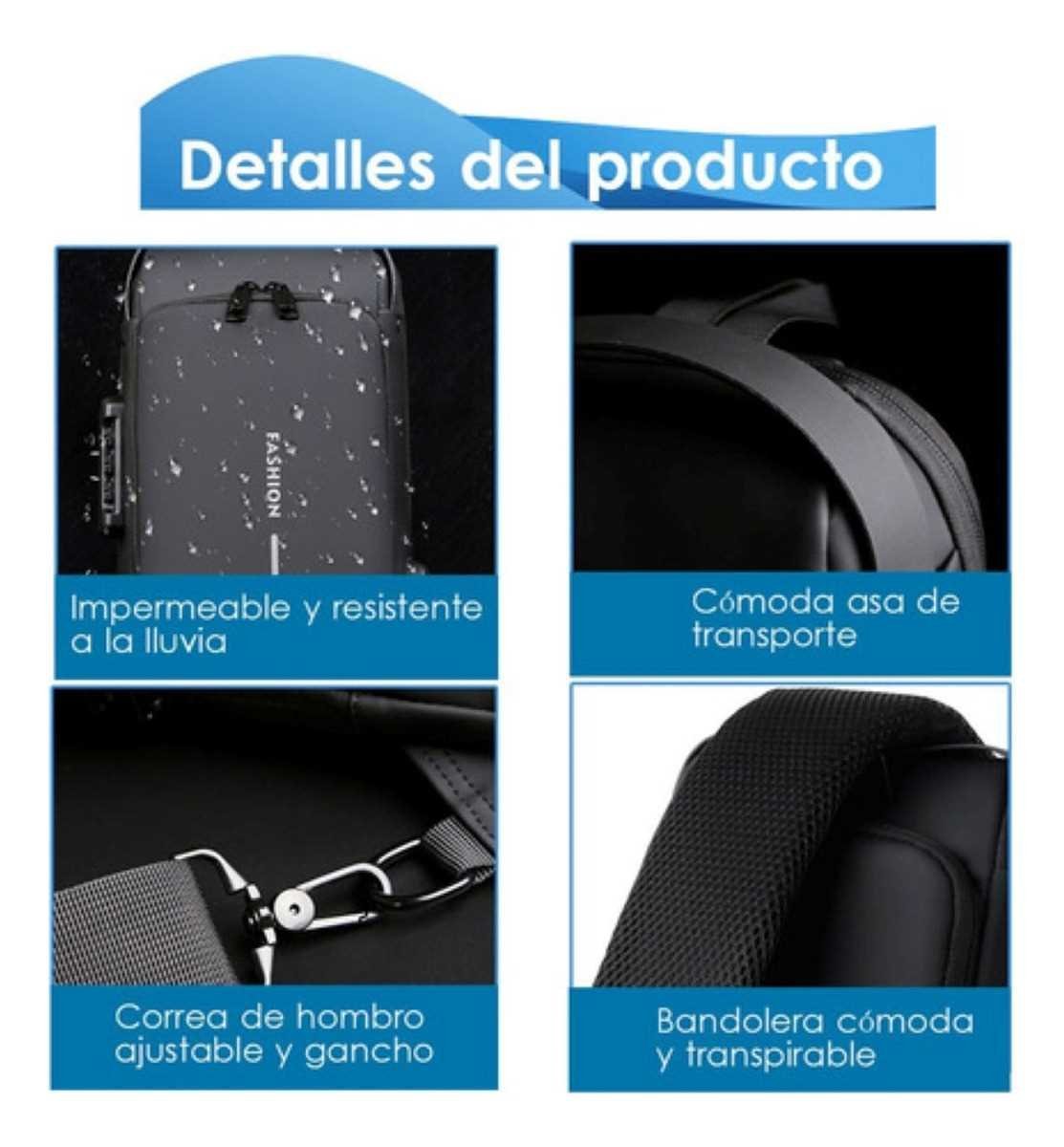 Pechera Cruzada de Seguridad * Gris Combinado Antirrobo * Reforzada + USB + Candado de combinación