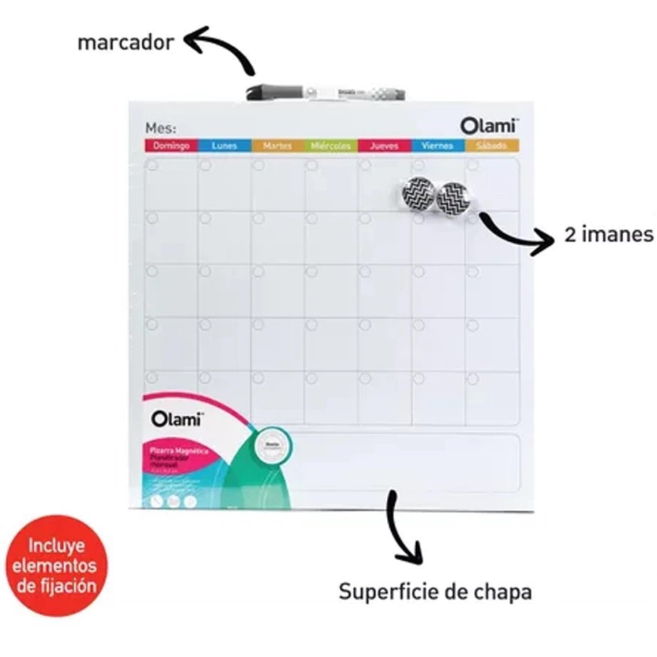 Kit Pizarras Magnética "PLANIFICADOR MENSUAL" 35.5 x 35.5 + Marcad0r + B0rrador + Elementos de Fijación
