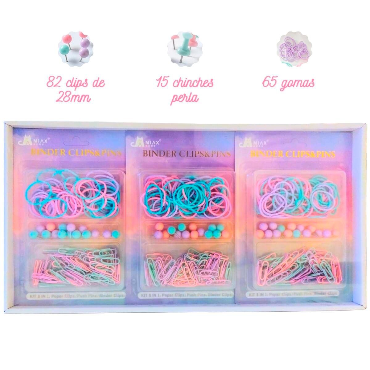 SET DE OFICINA * MIAX PASTEL * CLIPS + BANDAS ELASTICAS + CHINCHES