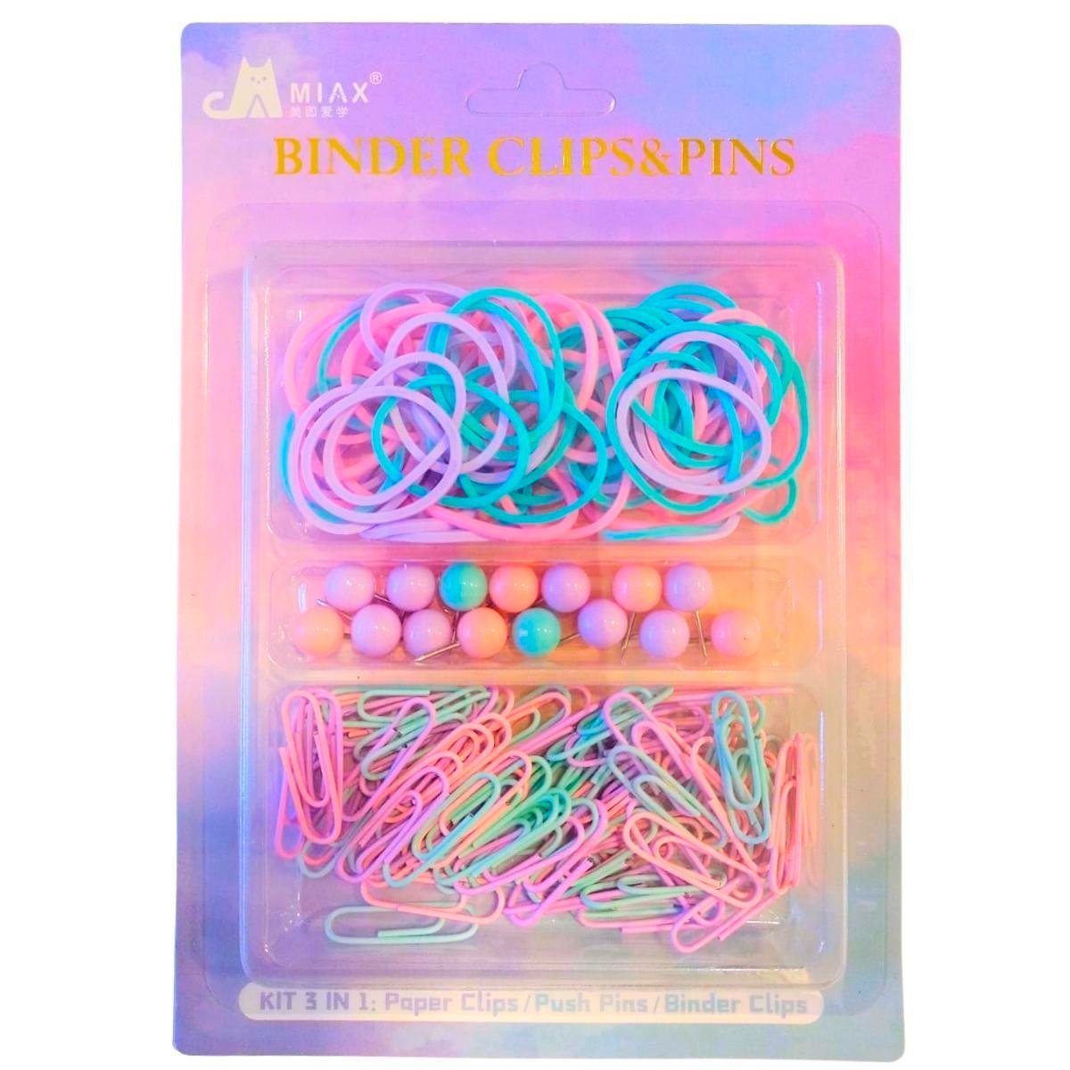 SET DE OFICINA * MIAX PASTEL * CLIPS + BANDAS ELASTICAS + CHINCHES