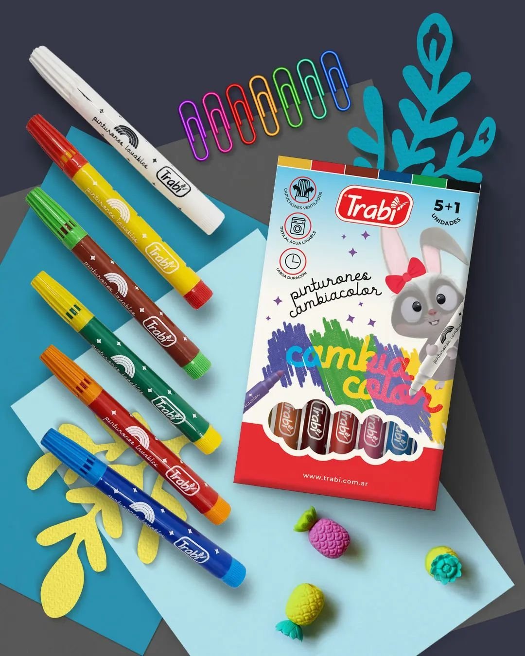 FIBRAS TRABI CAMBIA COLOR X 6 PUNTA CONICA - GRUESO - (5 Marcadores + 1 Cambia color)