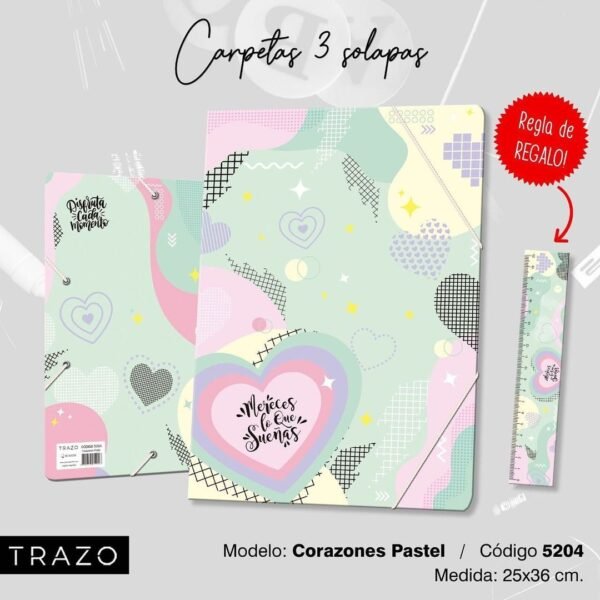 CARPETA 3 SOLAPAS * CORAZONES PASTEL * C/ ELASTICO TRAZO + REGLA de REGALO!
