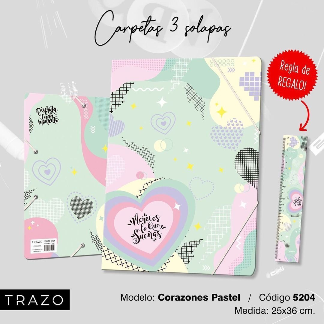 CARPETA 3 SOLAPAS * CORAZONES PASTEL * C/ ELASTICO TRAZO + REGLA de REGALO!
