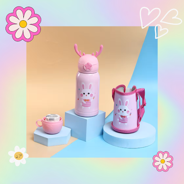 BOTELLA / TERMO INFANTIL * CONEJITO * C/ FUNDA 2 EN 1 ---> TAPA DE TERMO + PICO TIPO SORBETE 500ML ACERO INOXIDABLE