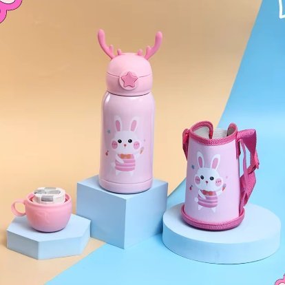 BOTELLA / TERMO INFANTIL * CONEJITO * C/ FUNDA 2 EN 1 ---> TAPA DE TERMO + PICO TIPO SORBETE 500ML ACERO INOXIDABLE