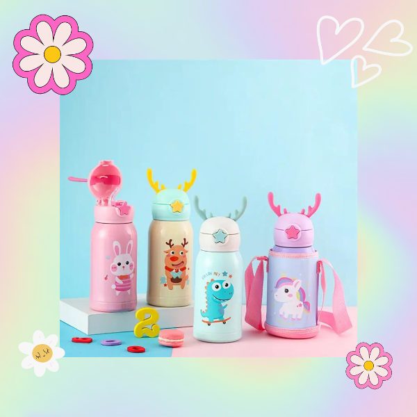 BOTELLA / TERMO INFANTIL * CONEJITO * C/ FUNDA 2 EN 1 ---> TAPA DE TERMO + PICO TIPO SORBETE 500ML ACERO INOXIDABLE