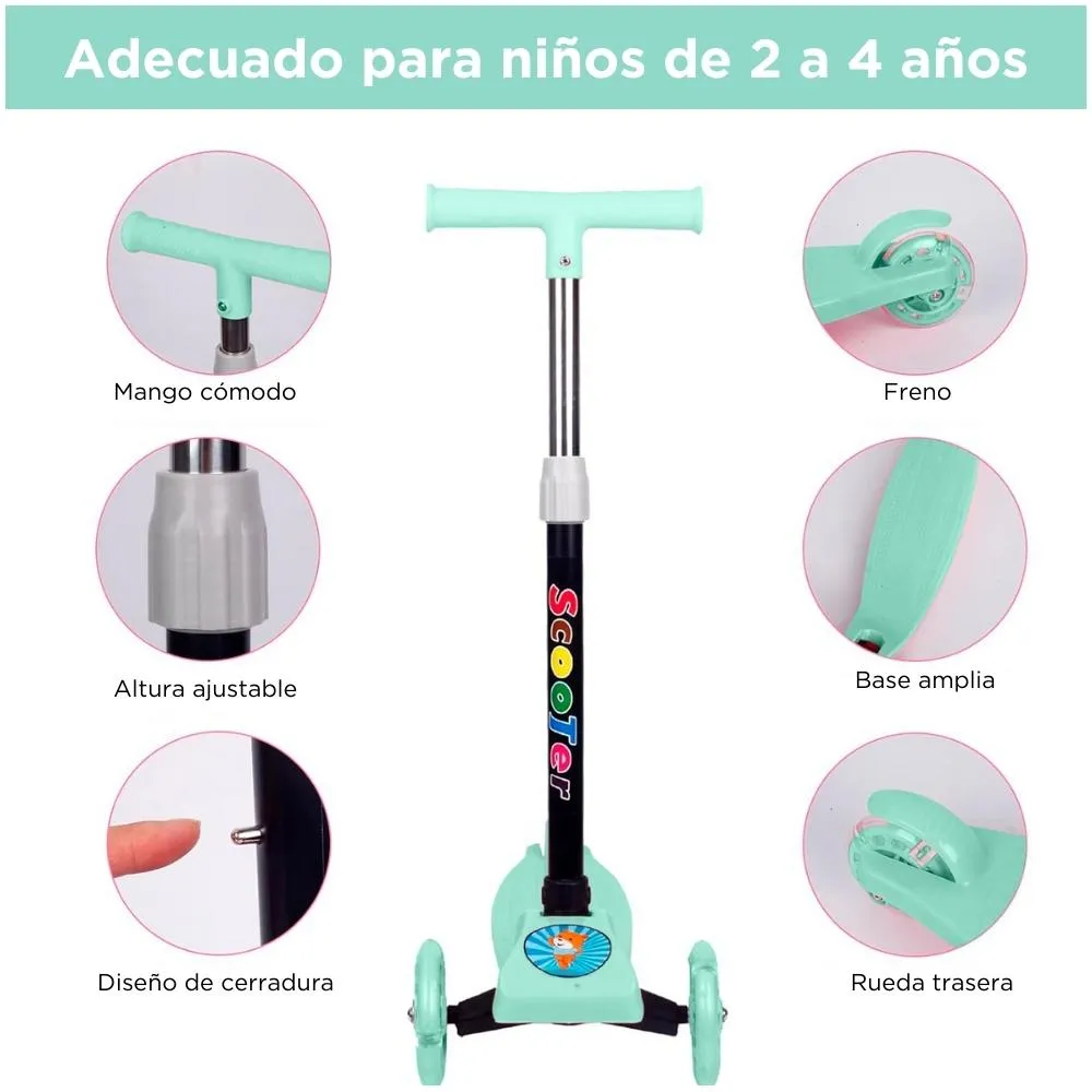 Monopatin Plegable - Scooter Verde - 3 Ruedas c/ Luz
