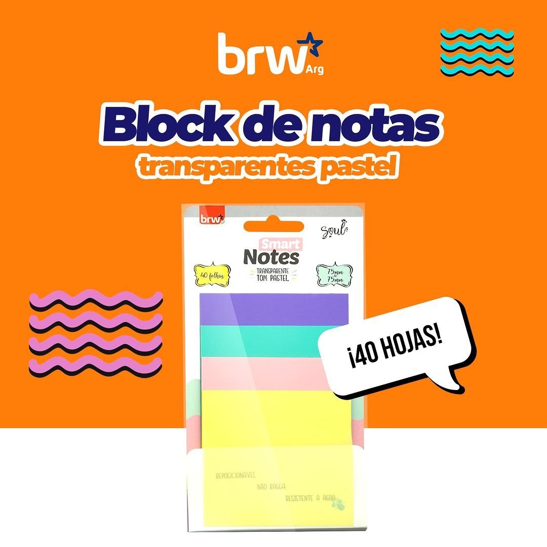 Notas Adhesivas BRW "PASTEL TRANSPARENTES" 75 x 75 - 4 COLORES - (TRANSPARENTES - RESALTADOR)