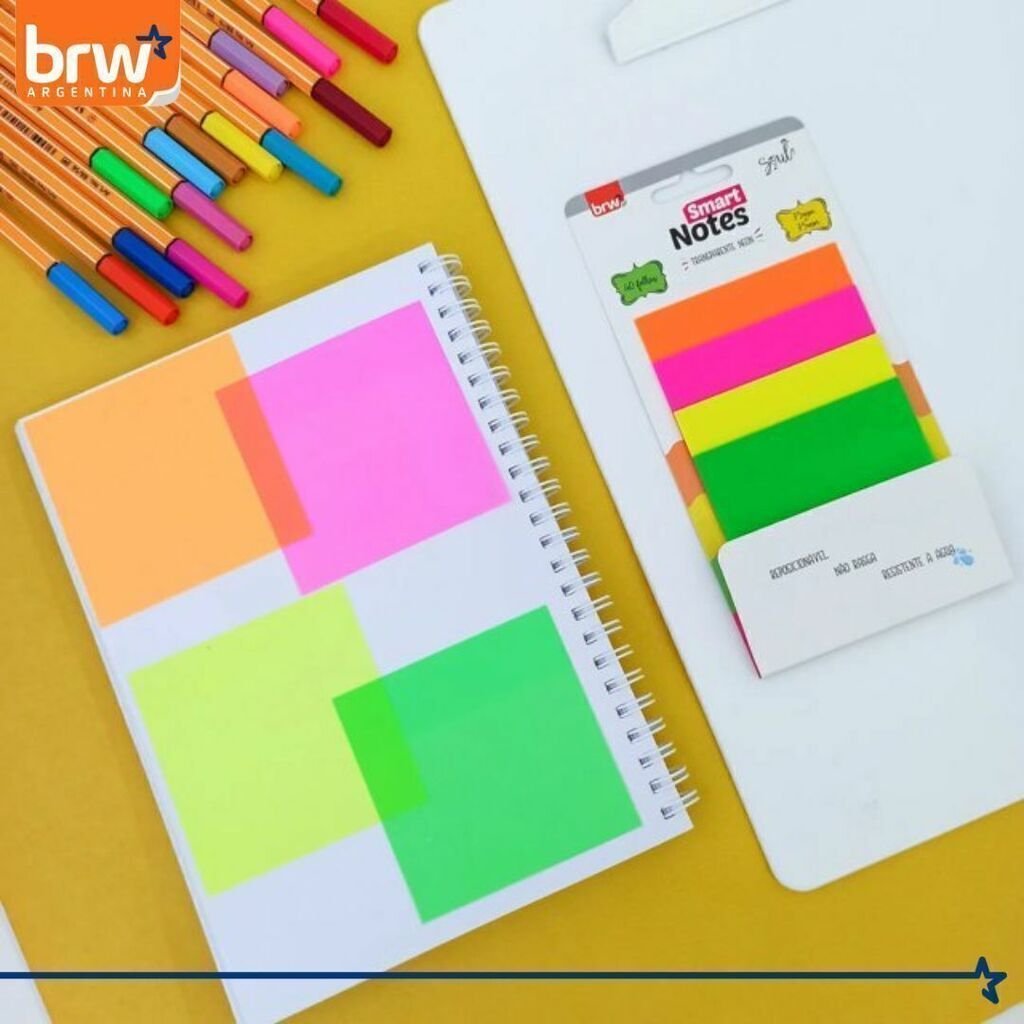 Notas Adhesivas BRW "NEÓN TRANSPARENTES" 75 x 75 - 4 COLORES - (TRANSPARENTES - RESALTADOR)