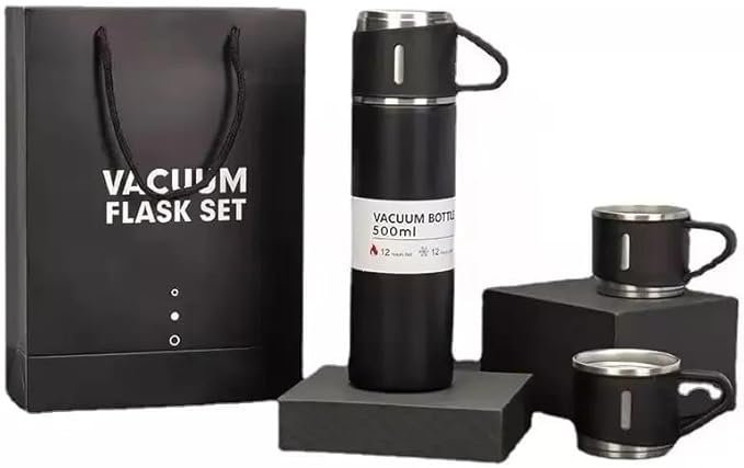 SET x 4 PIEZAS * CAMPING  NEGRO* TERMO 500 ML + TAZAS ACERO 18 / 8 (DOBLE CAPA) 12 HS - Frio y Calor -