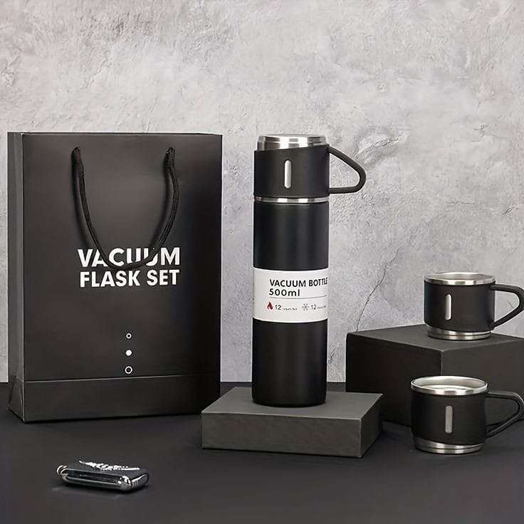 SET x 4 PIEZAS * CAMPING  NEGRO* TERMO 500 ML + TAZAS ACERO 18 / 8 (DOBLE CAPA) 12 HS - Frio y Calor -