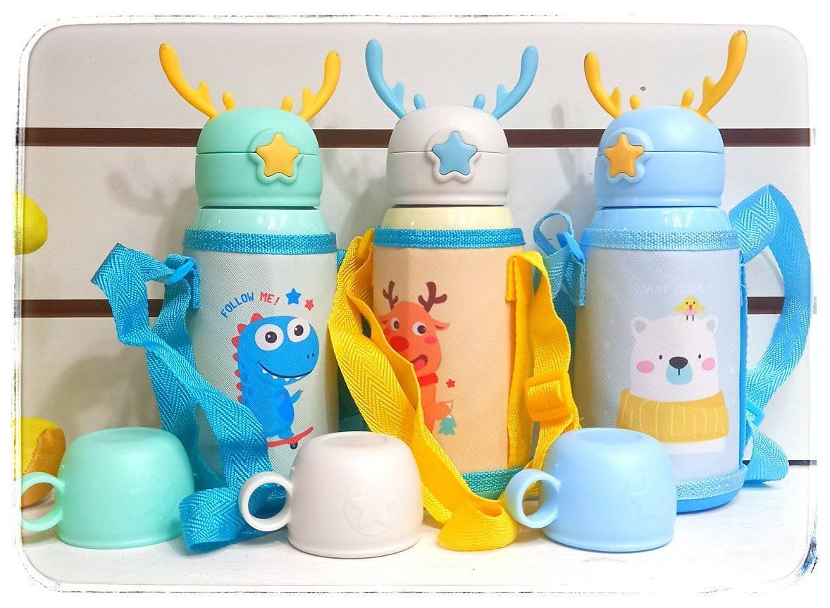 BOTELLA / TERMO INFANTIL * CONEJITO * C/ FUNDA 2 EN 1 ---> TAPA DE TERMO + PICO TIPO SORBETE 500ML ACERO INOXIDABLE