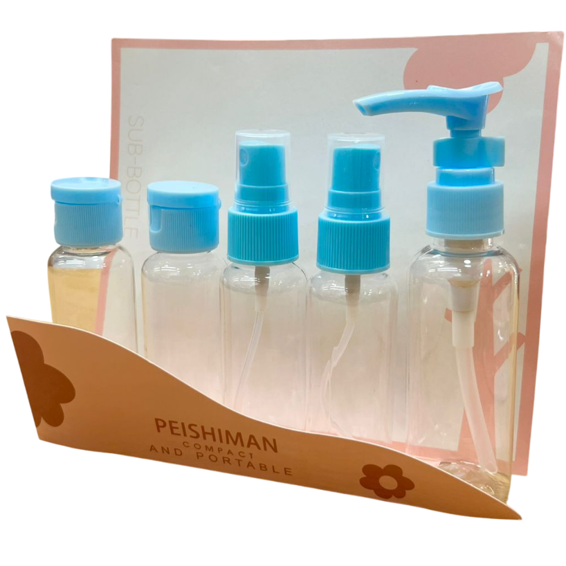 KIT FRASCOS DE VIAJE P/ COSMETICOS x 5 UNIDADES + BOLSA ZIP