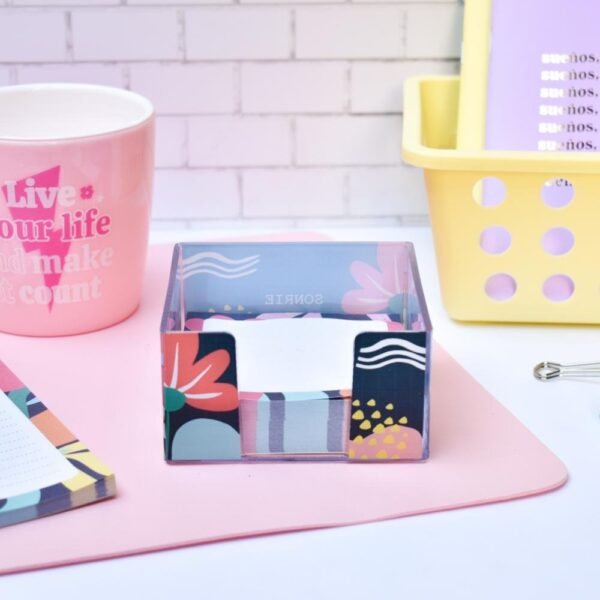 PORTA TACO DE ACRILICO "SONRIE" 76 x 76 + TACO DE PAPEL x 200 HOJAS (SIN ADHESIVO)