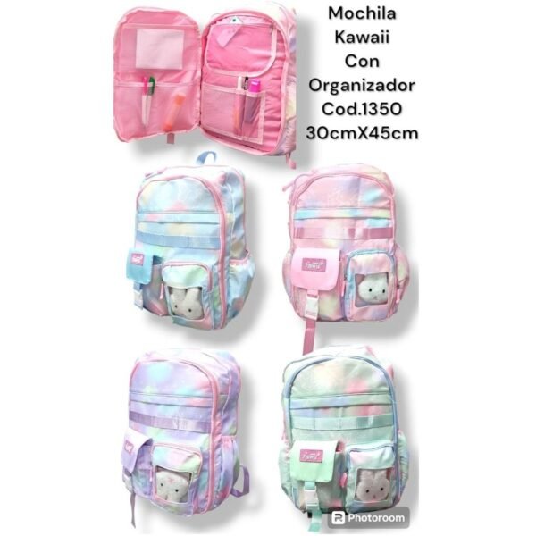 Mochila Kawaii Pastel " Conejito " Con Organizador - Grande (Excelente Calidad) Multi compartimiento