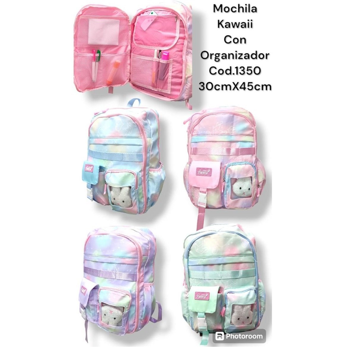 Mochila Kawaii Pastel " Conejito " Con Organizador - Grande (Excelente Calidad) Multi compartimiento