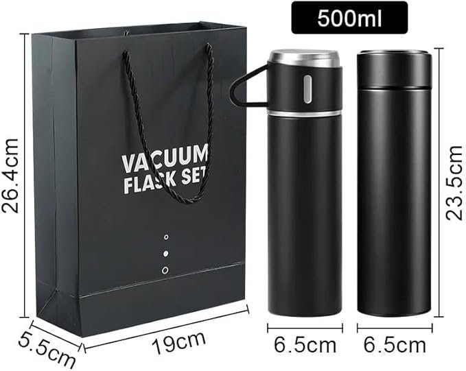 SET x 4 PIEZAS * CAMPING  NEGRO* TERMO 500 ML + TAZAS ACERO 18 / 8 (DOBLE CAPA) 12 HS - Frio y Calor -