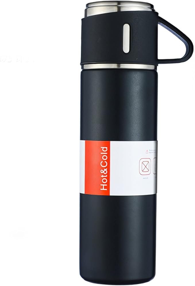 SET x 4 PIEZAS * CAMPING  NEGRO* TERMO 500 ML + TAZAS ACERO 18 / 8 (DOBLE CAPA) 12 HS - Frio y Calor -