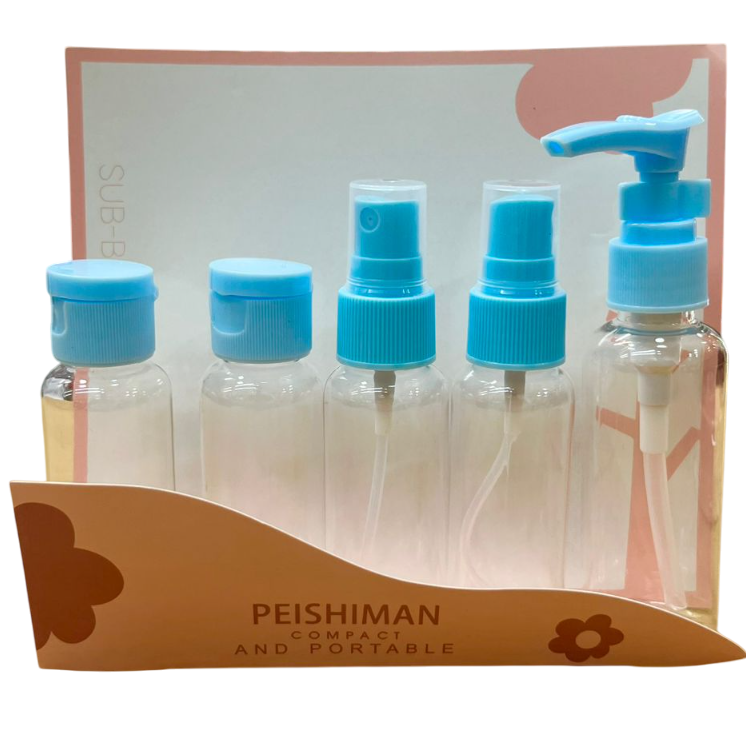 KIT FRASCOS DE VIAJE P/ COSMETICOS x 5 UNIDADES + BOLSA ZIP