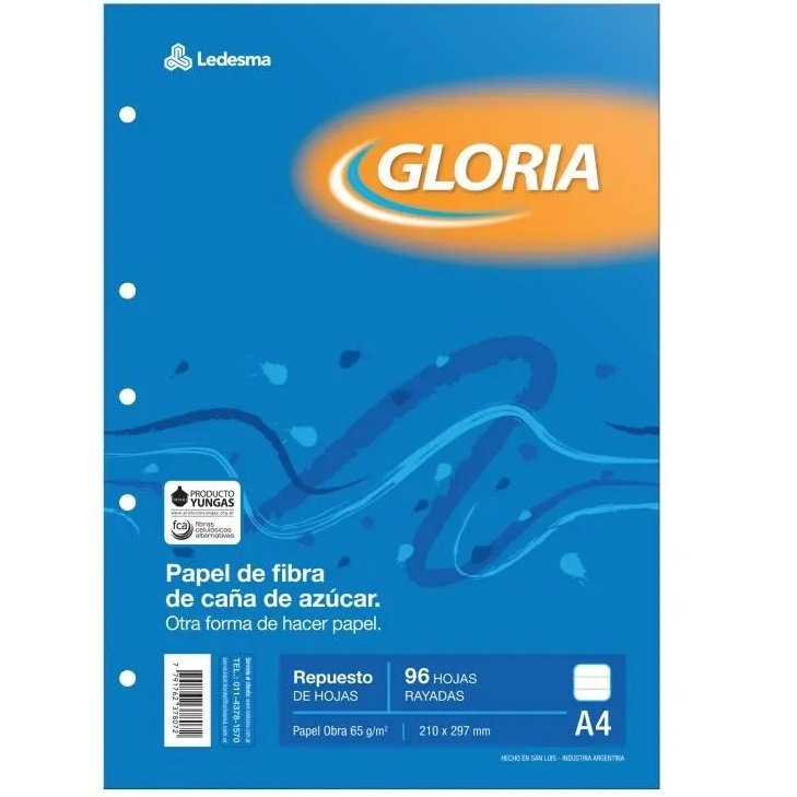 Repuesto GLORIA A4 * RAYADO * x 96 Hojas