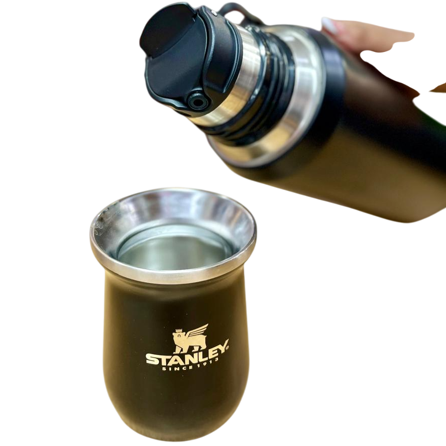 SET METALIZADO TIPO * TERMO STANLEY 1.2L + MATE 260ML + BOMBILLA / (NUEVO PICO VERTEDOR) ACERO INOXIDABLE