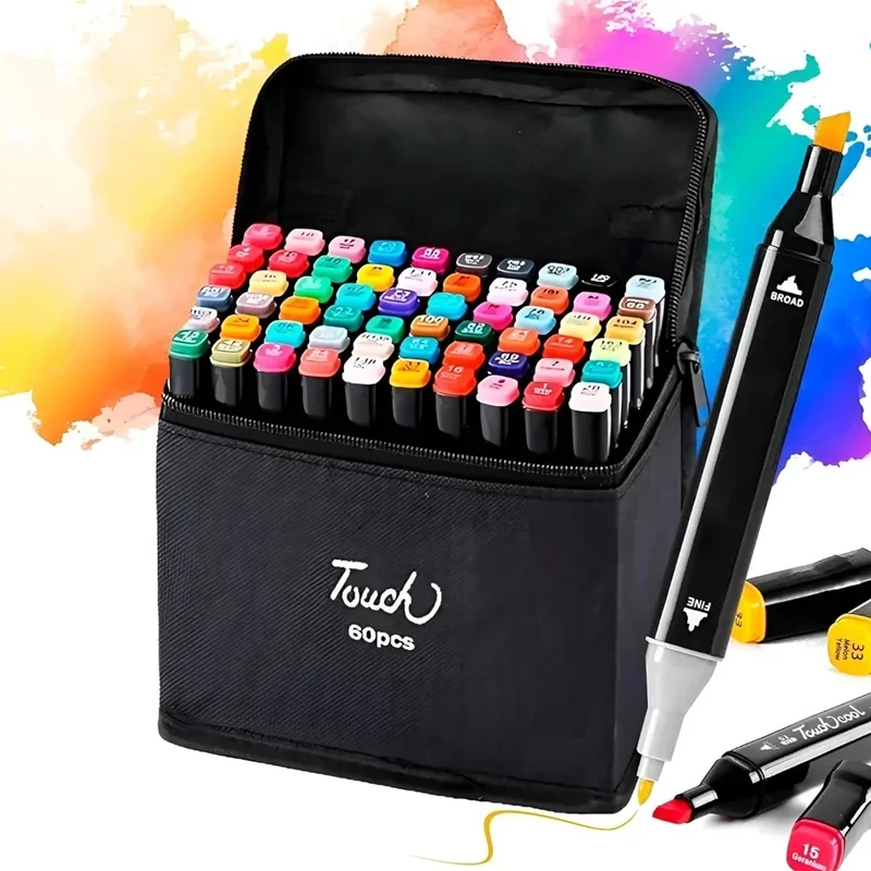 Kit de Marcadores de Artistica * Doble Punta x 60 Unidades + Estuche de Tela * Premium Touch