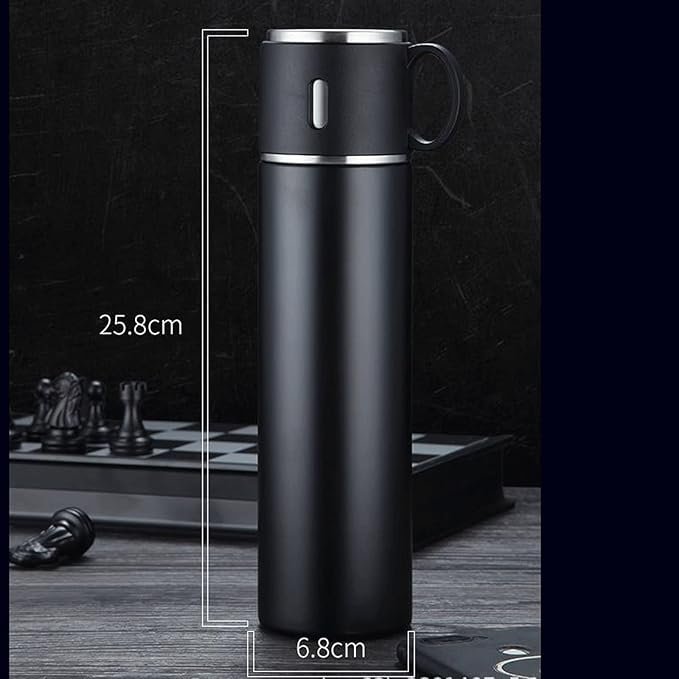 SET x 4 PIEZAS * CAMPING  NEGRO* TERMO 500 ML + TAZAS ACERO 18 / 8 (DOBLE CAPA) 12 HS - Frio y Calor -