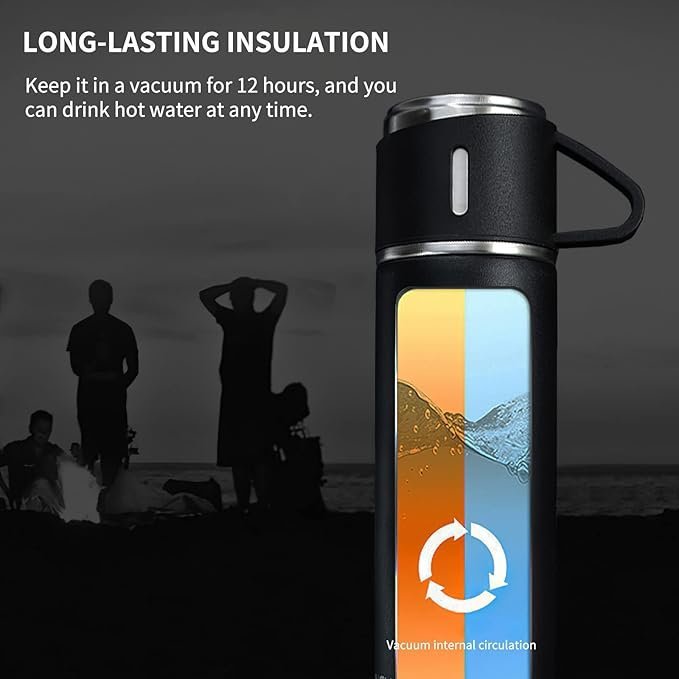 SET x 4 PIEZAS * CAMPING  NEGRO* TERMO 500 ML + TAZAS ACERO 18 / 8 (DOBLE CAPA) 12 HS - Frio y Calor -