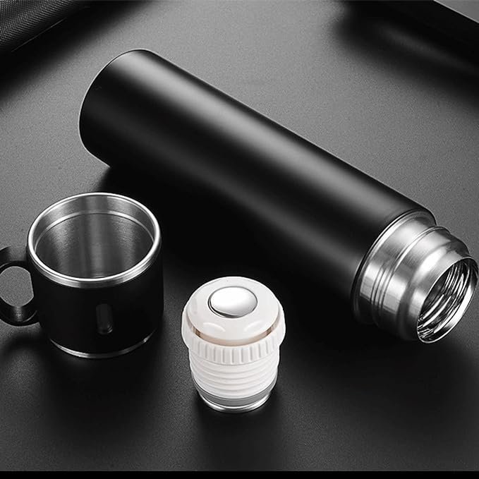 SET x 4 PIEZAS * CAMPING  NEGRO* TERMO 500 ML + TAZAS ACERO 18 / 8 (DOBLE CAPA) 12 HS - Frio y Calor -