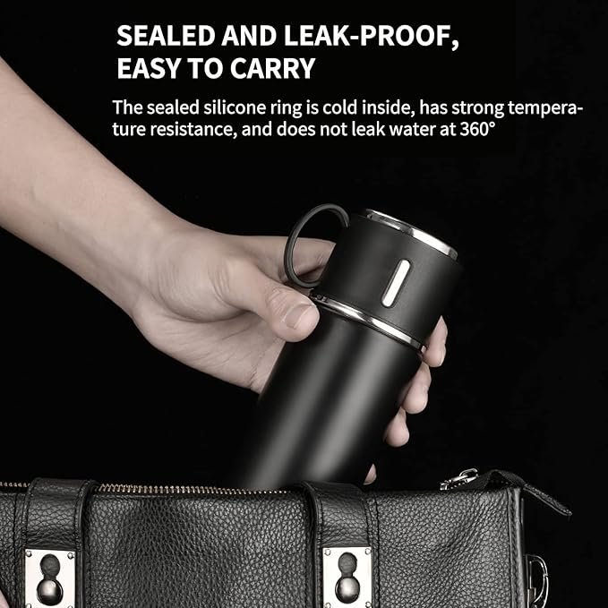 SET x 4 PIEZAS * CAMPING  NEGRO* TERMO 500 ML + TAZAS ACERO 18 / 8 (DOBLE CAPA) 12 HS - Frio y Calor -