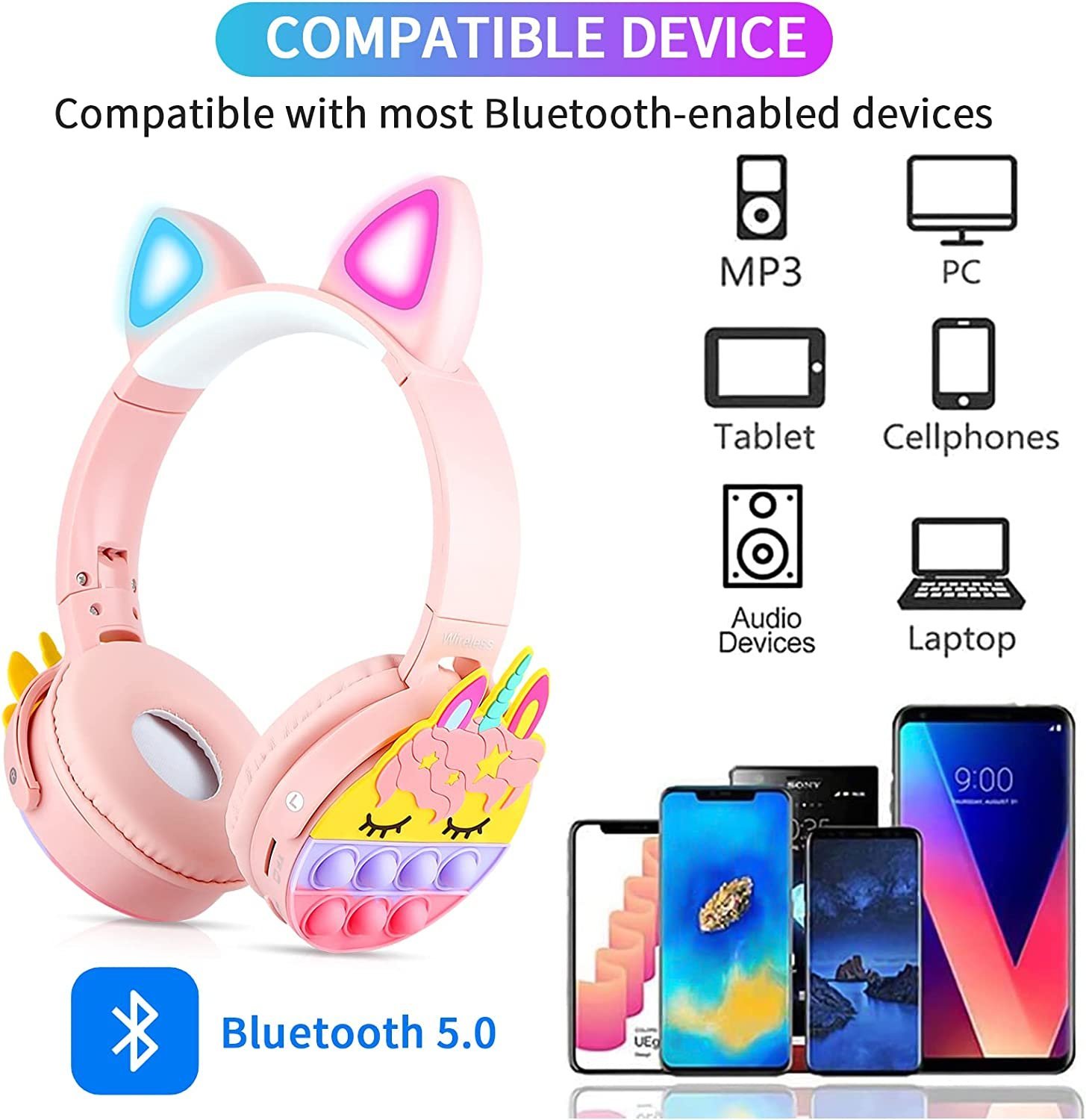 Auriculares Inalámbricos * CAT POP IT * Con Luz Bluetooth (Premium) UNICORNIO