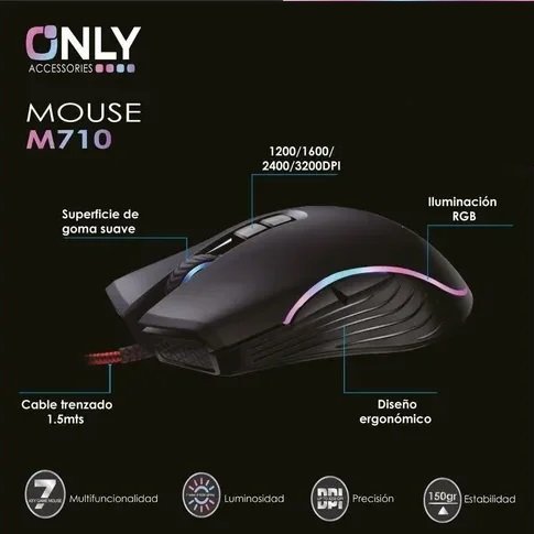 Mouse GAMER Retroiluminado ONLY * MOD M710 (7 Teclas) * Kble Trenzado USB Reforzado