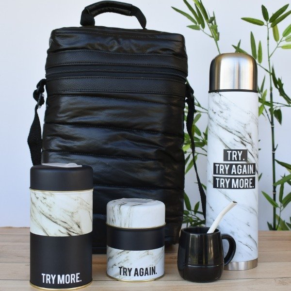 MEGA SET Matero * Mármol * x 6 unidades (Bolso c/ cierre IMPERMEABLE, Termo 1 Litro Acero Inoxidable, Yerbera, Azucarera, Mate y Bombilla)