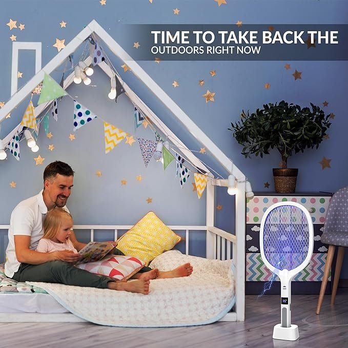 Raqueta Mata Mosquitos / Moscas * Con Base * Recargable (Con Luz Ultra Violeta) UV -AUTOMATICO-