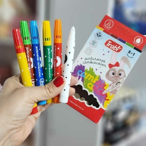 FIBRAS TRABI CAMBIA COLOR X 6 PUNTA CONICA - GRUESO - (5 Marcadores + 1 Cambia color)