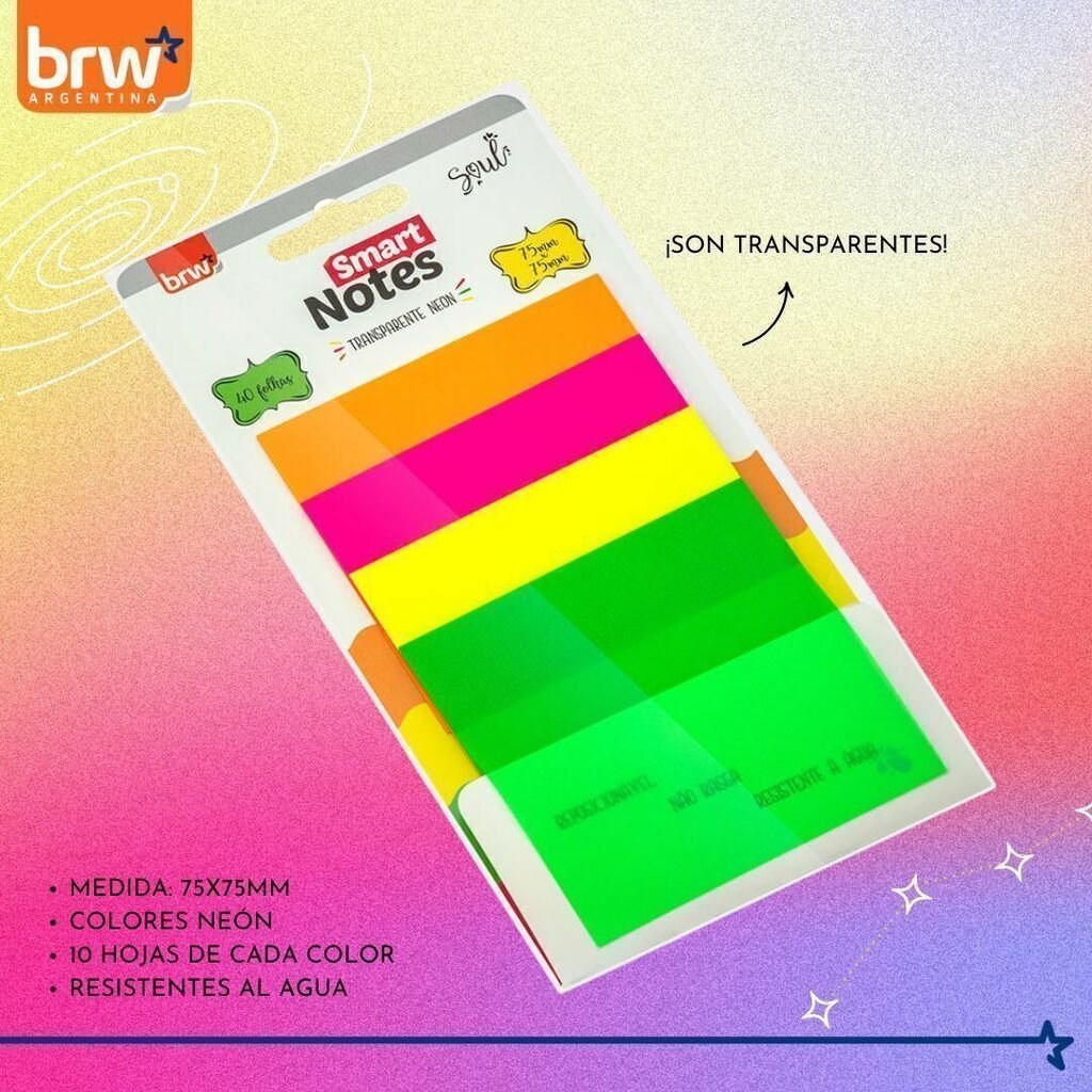 Notas Adhesivas BRW "NEÓN TRANSPARENTES" 75 x 75 - 4 COLORES - (TRANSPARENTES - RESALTADOR)