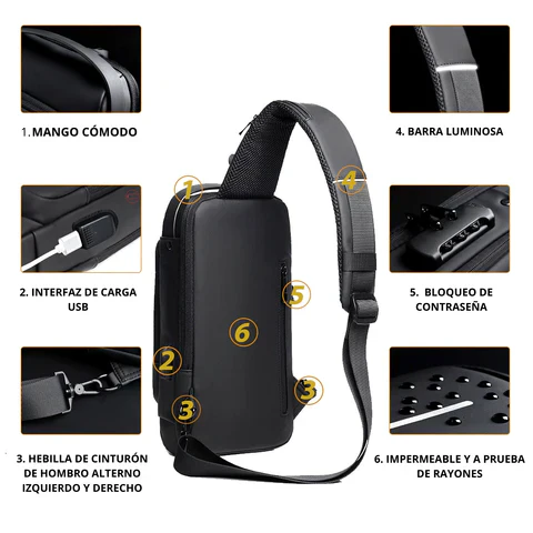 Pechera Cruzada de Seguridad * Negro Combinado Antirrobo * Reforzada + USB + Candado de combinación
