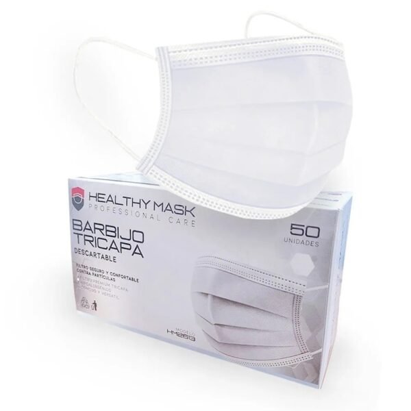 Barbijos Tricapa * CAAJA X 50 UNIDADES * BLANCO para adultos (Máxima Protección) C/ Ajuste en Nariz