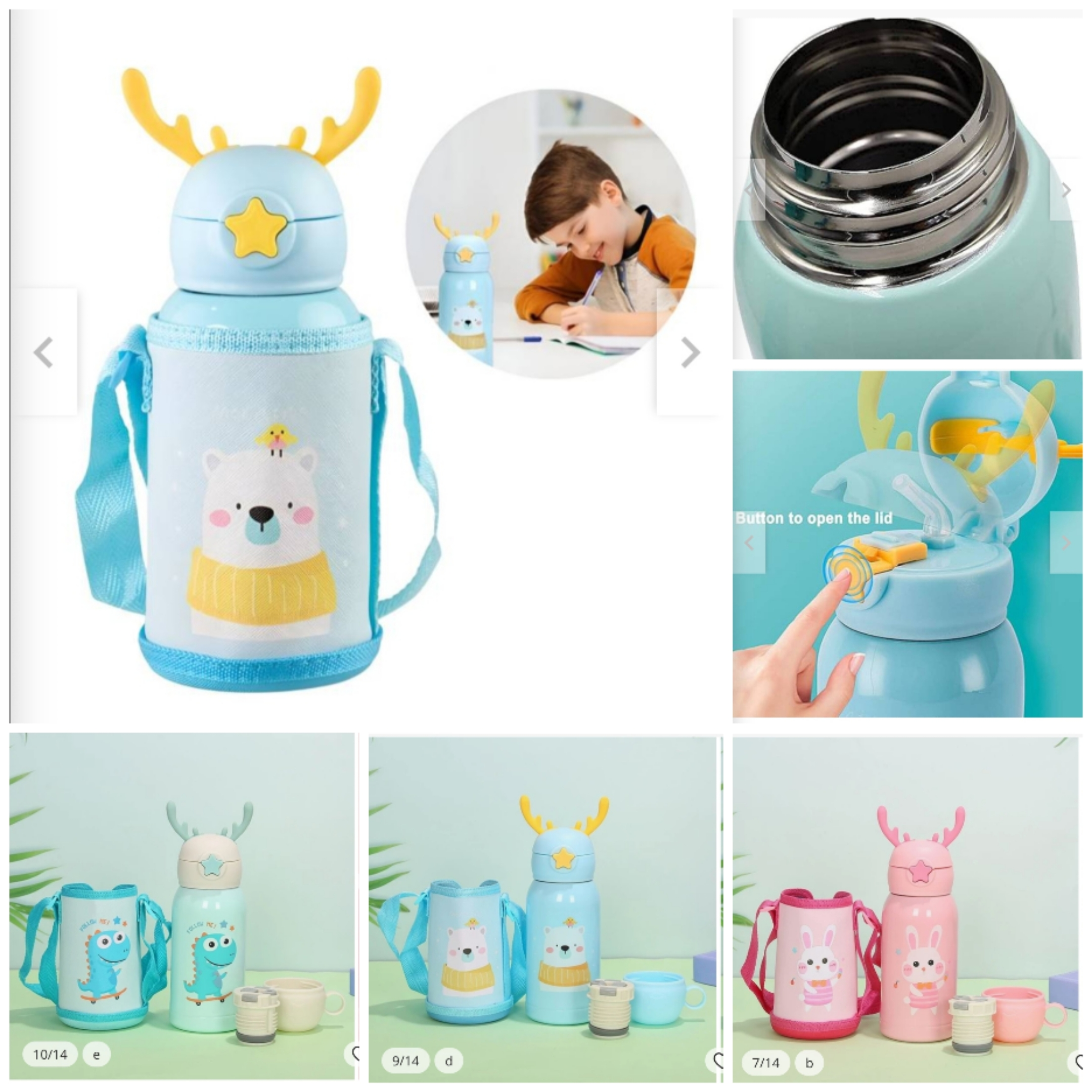 BOTELLA / TERMO INFANTIL * CONEJITO * C/ FUNDA 2 EN 1 ---> TAPA DE TERMO + PICO TIPO SORBETE 500ML ACERO INOXIDABLE
