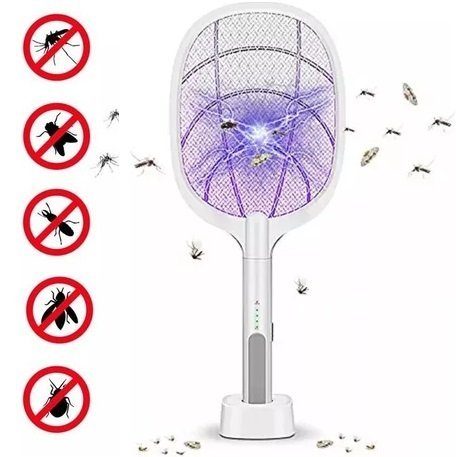 Raqueta Mata Mosquitos / Moscas * Con Base * Recargable (Con Luz Ultra Violeta) UV -AUTOMATICO-