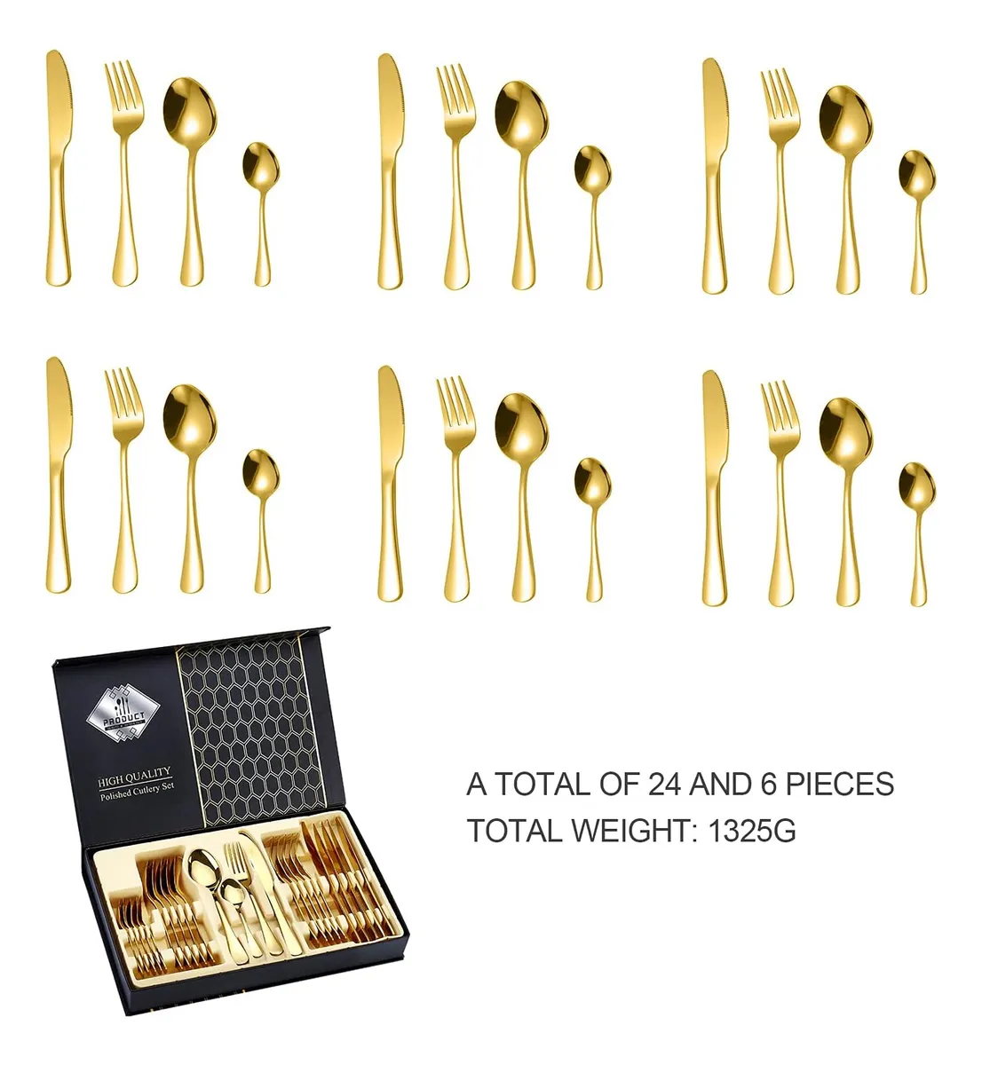 Cubiertos - Dorados Set x 24 Piezas - De Acero Inoxidable Dorado + Estuche Imantado