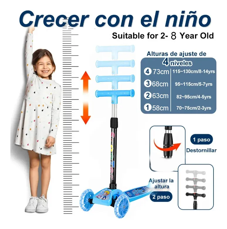 Monopatin Plegable - Scooter Celeste - 3 Ruedas c/ Luz