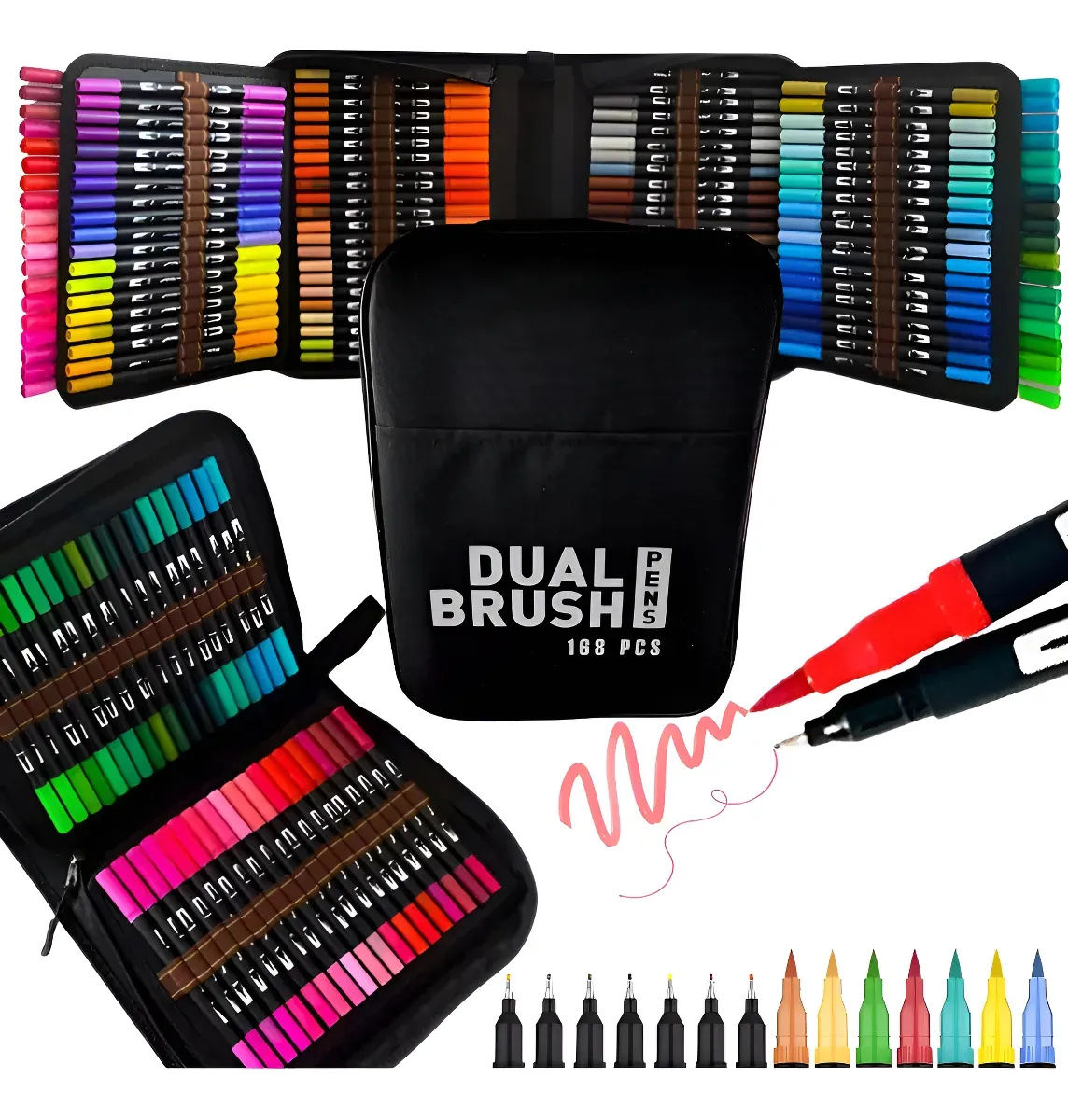 Kit de Marcadores de Artistica * Dual Brush x 168 Unidades + Estuche de Tela * Premium ( Punta Pincel + Microfibra )