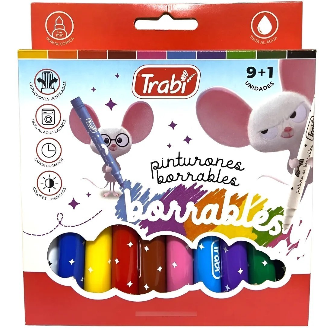 MARCADORES TRABI BORRABLES X 10 (INCLUYE BORRA FIBRA) Punta Conica