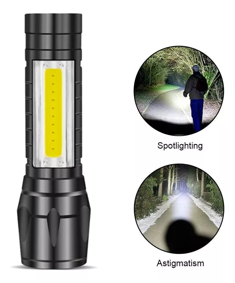 Linterna de Metal *NEGRA* + Estuche Rigido Protector - Recargable Con Zoom Led -2 en 1-