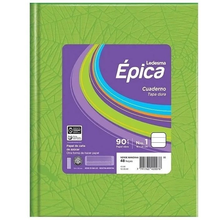 Cuaderno Tapa Dura Forrado Araña / Verde Manzana / EPICA 50 HOJAS RAYADO (TAMAÑO GRANDE N°3 / A3) 19x24 (Hoja de 90 gr)