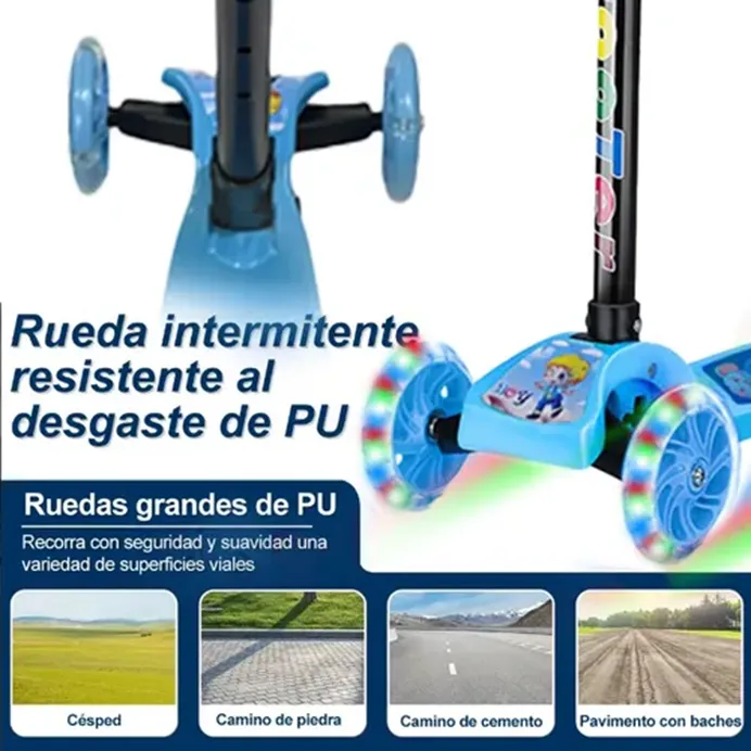 Monopatin Plegable - Scooter Celeste - 3 Ruedas c/ Luz